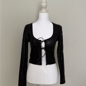 Windsor Black Sequin Tie-Front Crop Top